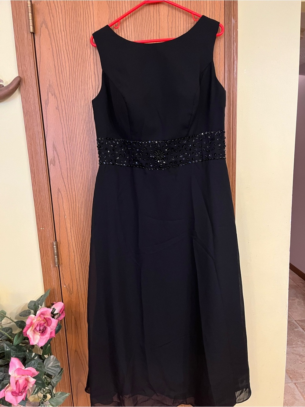 Elegant Black Beaded Waist A-Line Dress